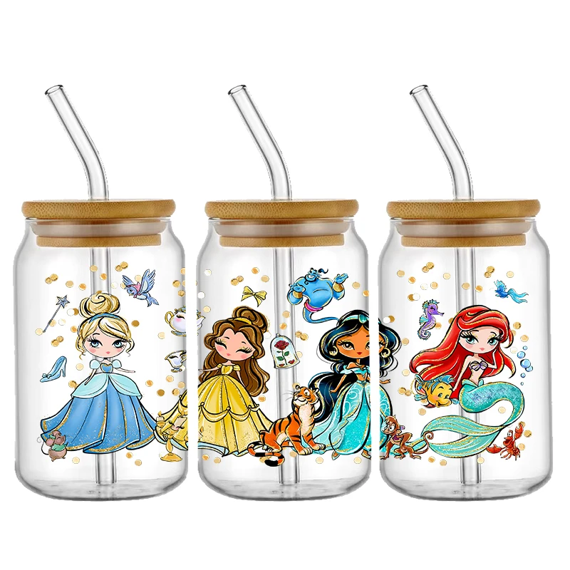 Disney Cute Princess 16oz Libbey UV DTF Glass Can Wrap Cartoon Movie Magical Glass Can Design Princess Tumbler Wrap