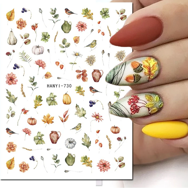 

Nail Art 3d Back Glue Stickers Autumn Maples Leaves Pumpkin Fruit Daisy Flowers Decals Nail Accessories Decoration Salon Beauty