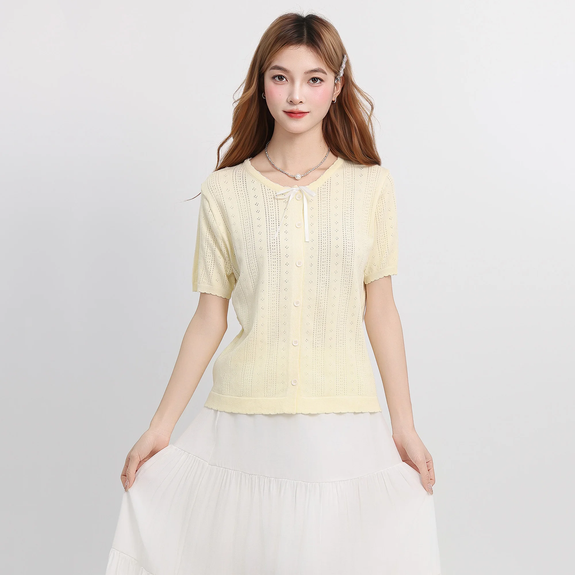 

Bowknot Women Knitted T-Shirt Cardigan 2025 New Summer Korean Style Chic Short Sleeved Female Knitting Tops Tees