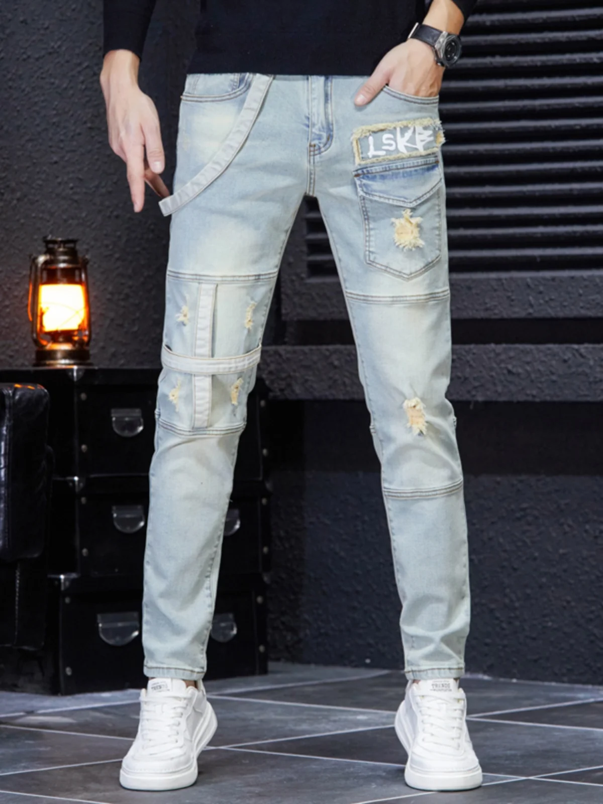 

Spring Autumn Floral Print Decorative Rope Splicing Frayed Light Blue Elastic Korean Version Ripped Jeans Men's Fashion Brand