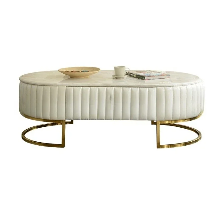 

Postmodern light luxury, metal stainless steel coffee table, villa fashionable round marble surface, drawer tea table