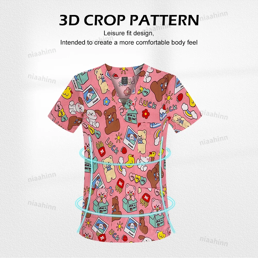 Nursing Uniforms Cartoon Printed Medical Cotton Working Clothes Women Men Beauty Salon Healthcare Short Sleeved Shirt Scrub Tops