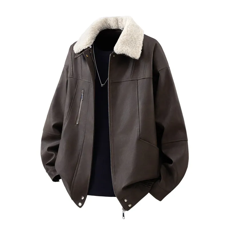 

Retro Detachable Lamb Fur Collar PU Leather Cotton Jaet for Men Street Sle Faionable Youth Warm Thiened Zipper Closure