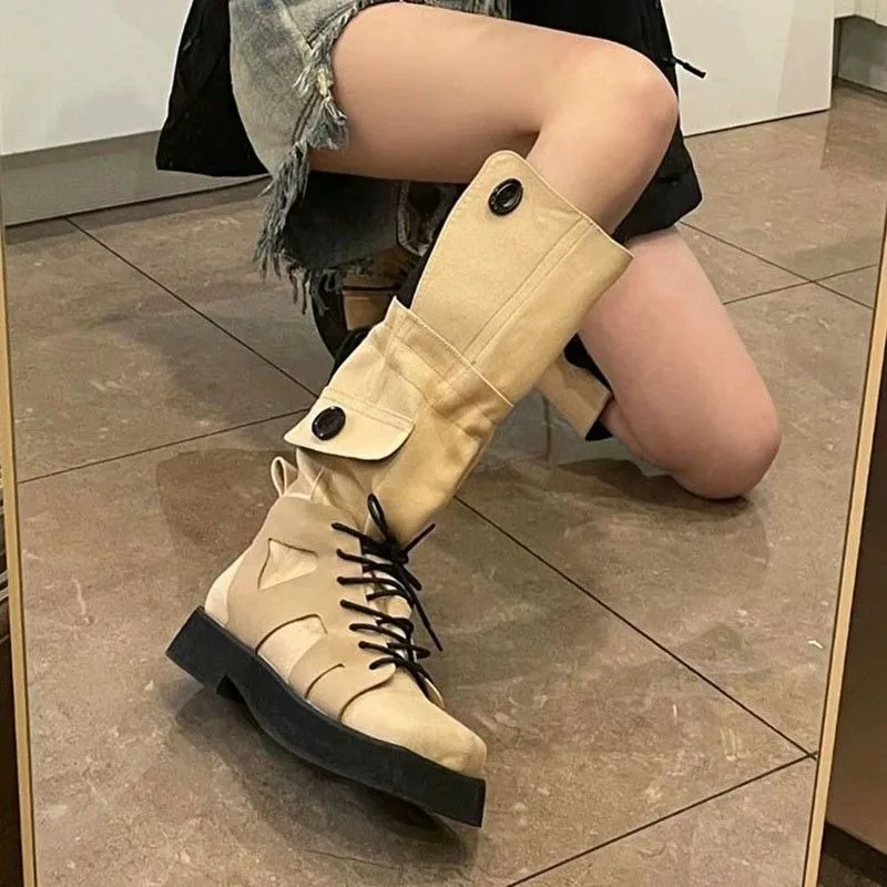 Buty damskie Długie obuwie Platforma Czarne buty dla kobiet Zimowe buty do kolan Kwadratowe palce Western Punk Gyaru Boot 2024 New Hot