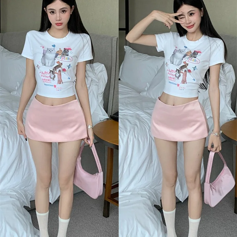 

Новые летние женские милые повседневные укороченные топы с милым принтом кота, облегающие белые футболки для девочек, модная одежда с круглым вырезом и короткими рукавами