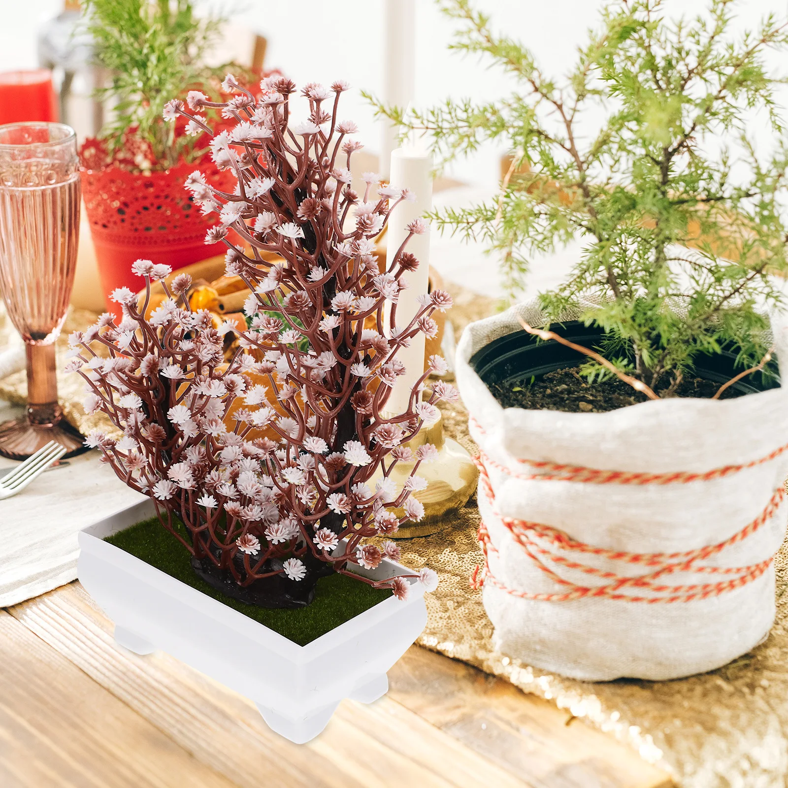 

Artificial Potted Plant White Green Small Bonsai Home Decor Desktop Table BookshelfFake Plant nament Artificial Plants Indoor
