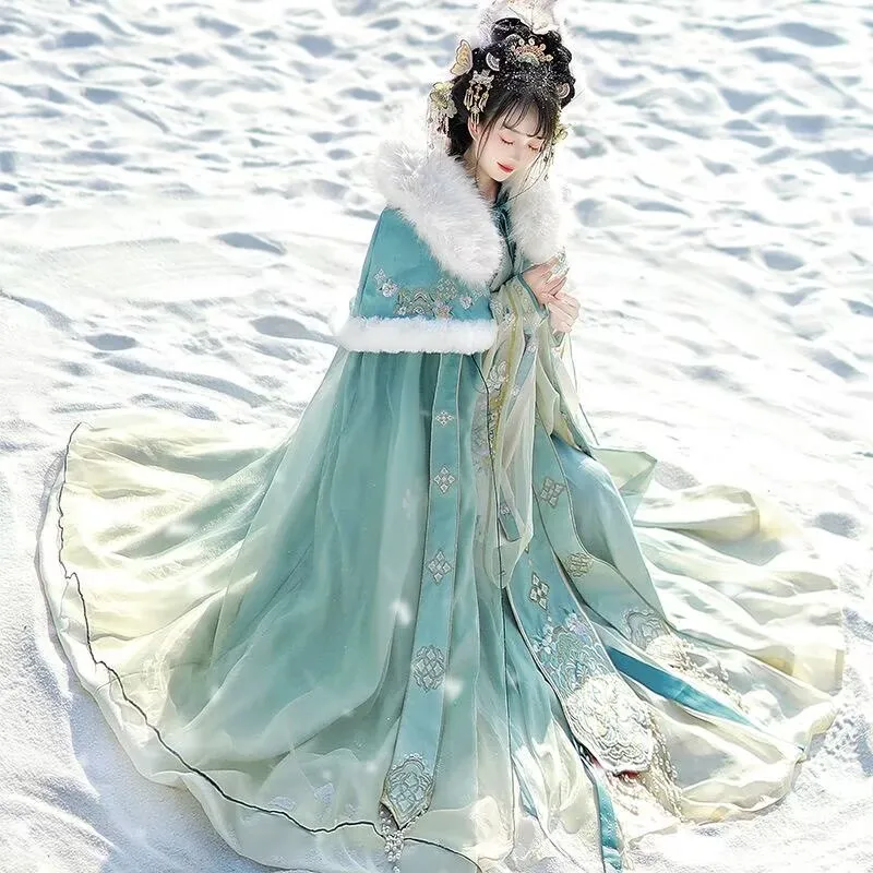 

Зимний плащ ханьфу, женское китайское платье ханьфу, женский новогодний карнавальный костюм для косплея, розовое и зеленое платье-накидка ханьфу, праздничный наряд