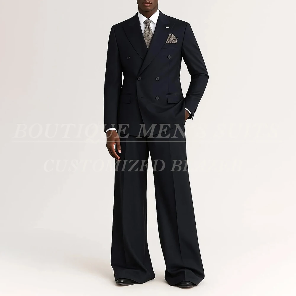 

Темно-синяя куртка-брюки, элегантная двубортная куртка с острым лацканом, облегающая мужская одежда, высококачественные умные повседневные мужские костюмы