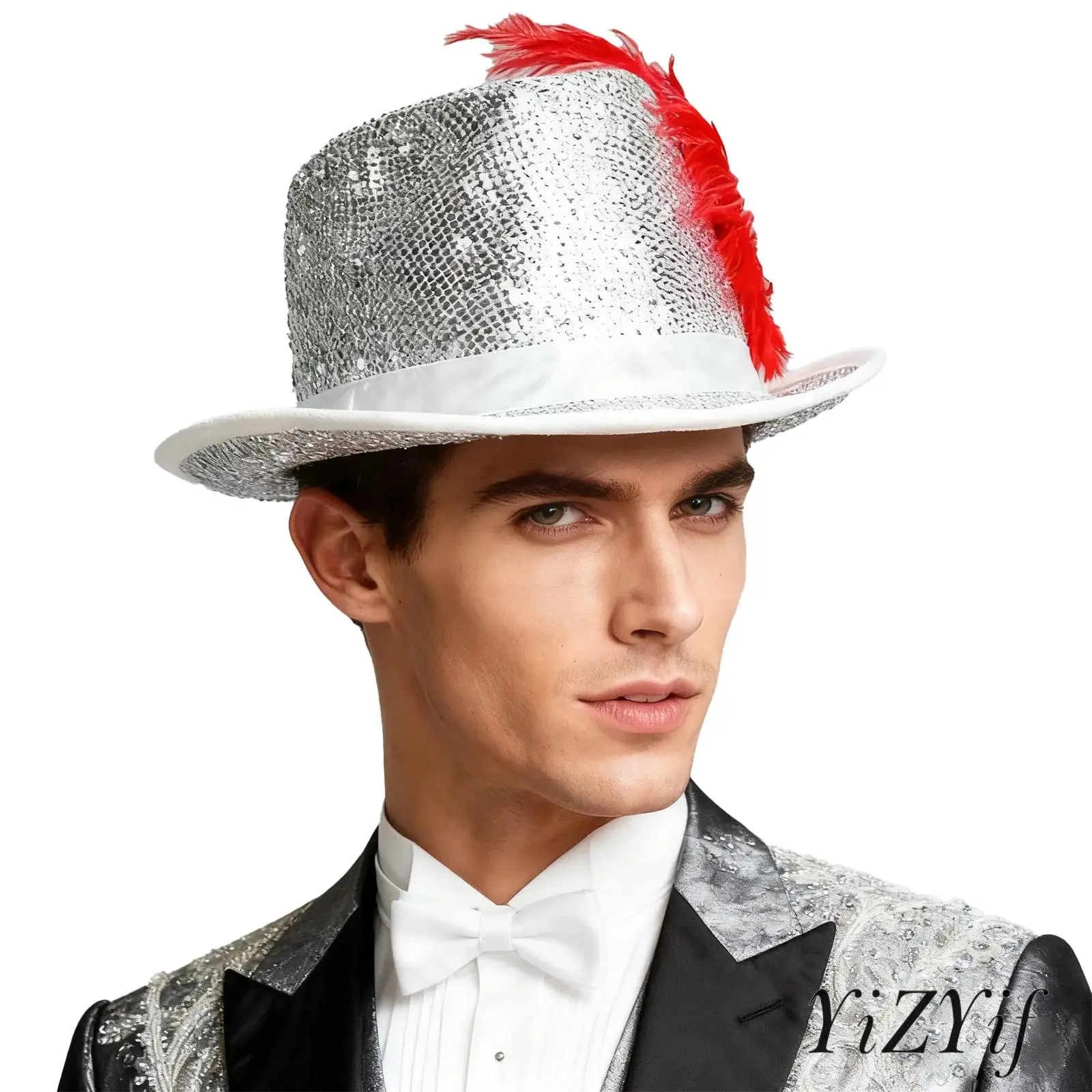 

Взрослый унисекс, 1 шт., цилиндр, костюм, блестящие блестки, пернатое платье фокусника, цилиндры, сценический костюм для косплея