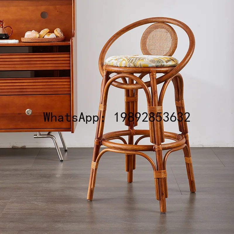 YFY Natural Real Rattan Bar Chair French Round Rattan Chair Home Balcony High Stool with Backrest High-end