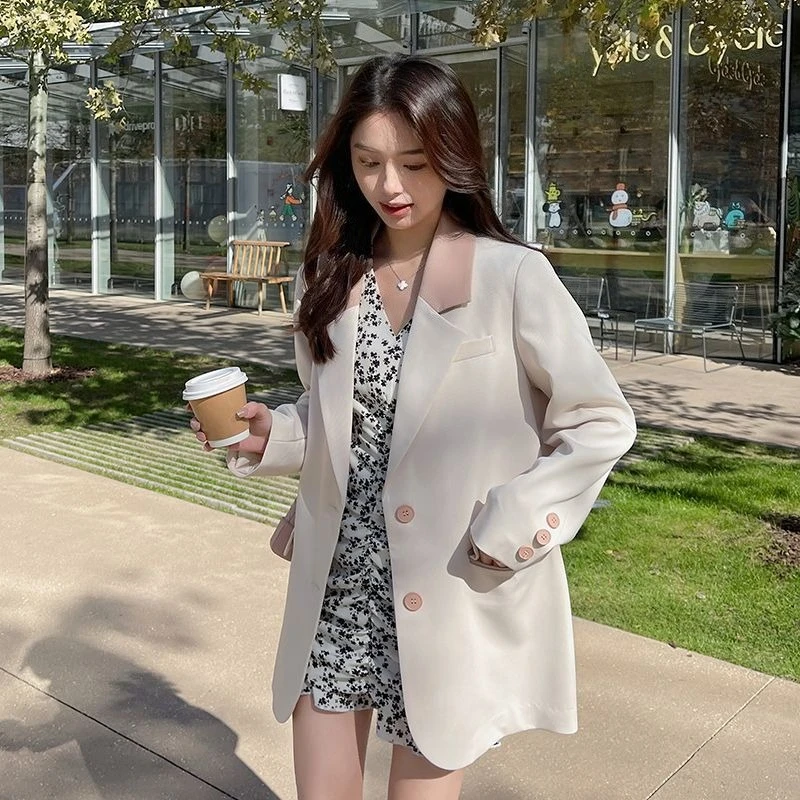 الحلو الطازجة الوردي المرقعة المرأة السترة فضفاضة عادية ربيع الخريف جديد الراقية أنيق الشباب ارتداء اليومي دعوى طويلة الأكمام