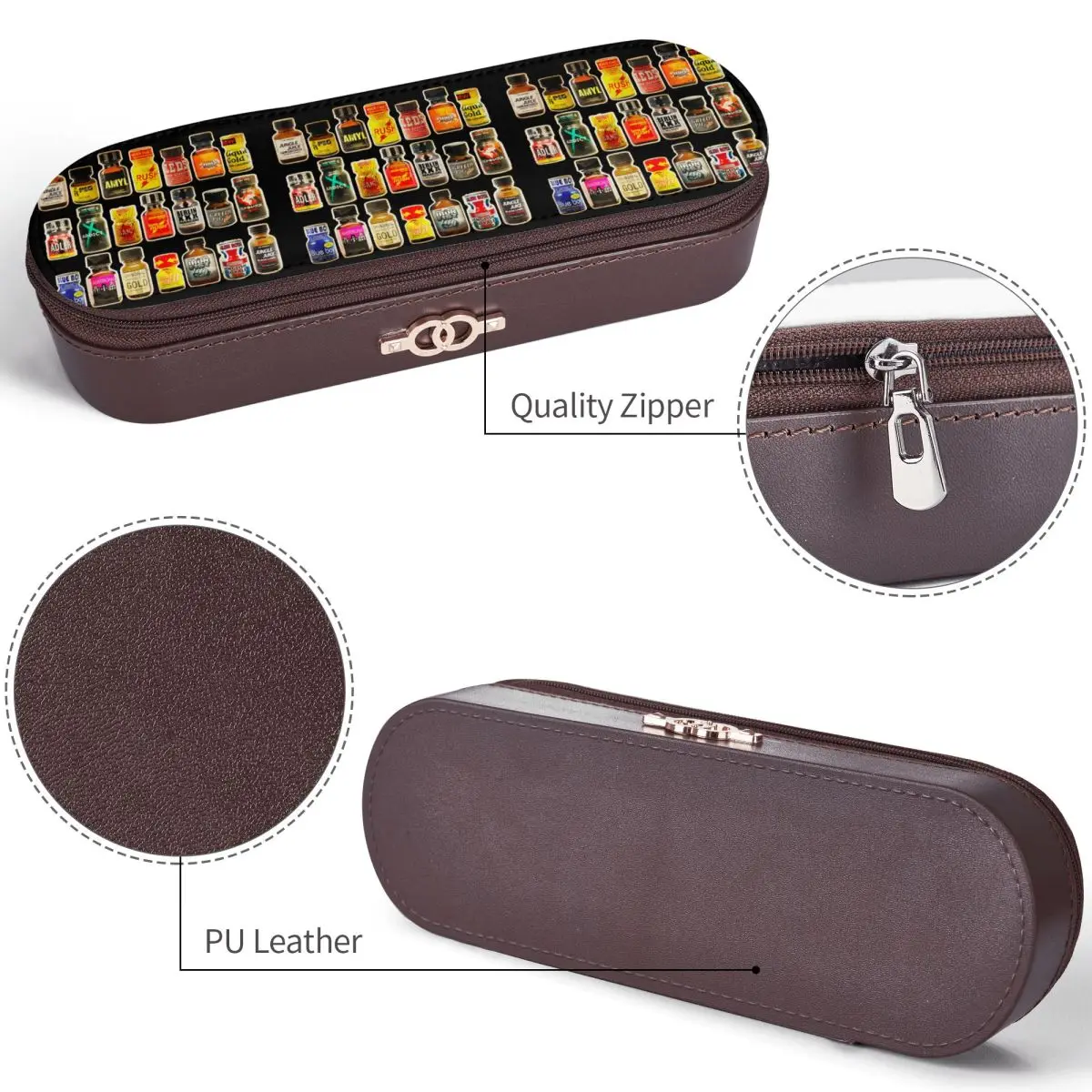 Poppers Bottles Vintage Gay Rush Jungle Juice Amyl Inhaler Leather Pencil Cases Pencil Pouch Storage Stationery Supplies Pen Box view 4