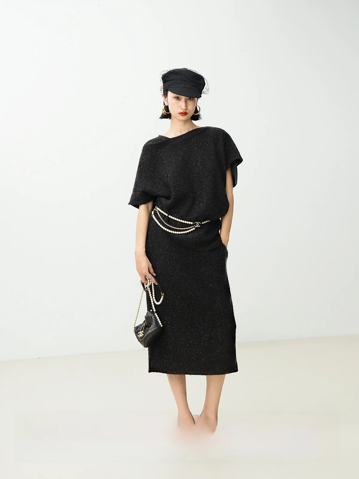 

LemonChen Retro Revival Woolen Silver Onion Coarse Tweed Deconstructed Cowl Neck Pencil Skirt Two-Piece Set for Women