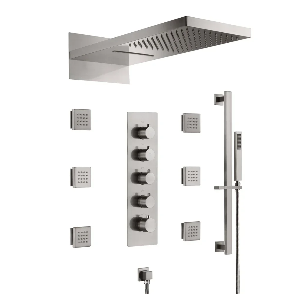 4 Functions Nickel Brush Finish Thermostatic LED Shower Faucet Modern Style Bathroom Shower Set