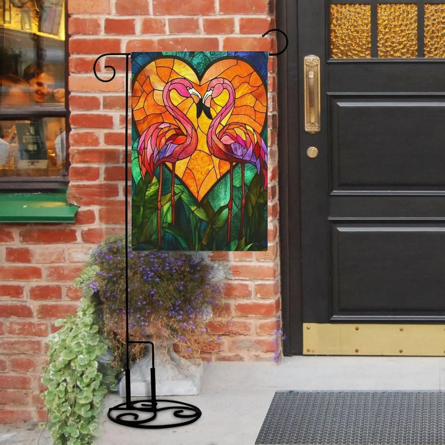 Stained Glass Flamingo Pair Heart-shaped Pose Garden Flag House Yard Outside Holiday Garden Decor Burlap Double Sided 12x18  llz