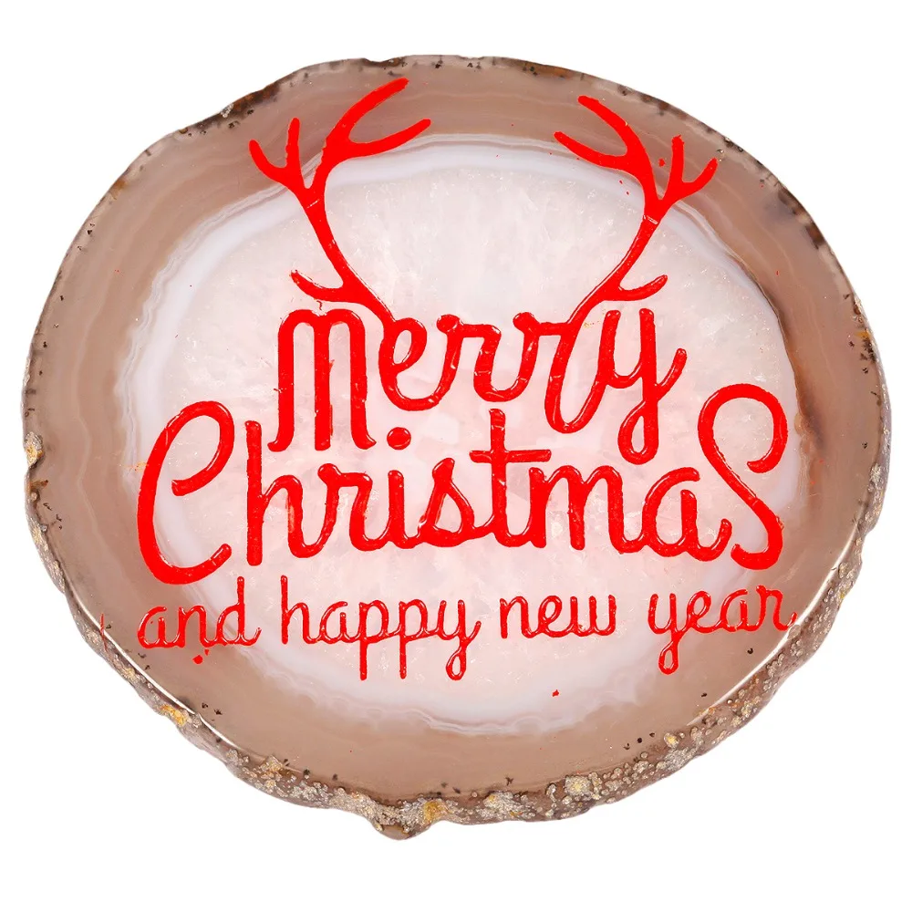 TUMBEELLUWA Natural Agate Slices Geode Stone,Beverage Coaster Cup Mat,Engraved Merry Christmas and happy new year