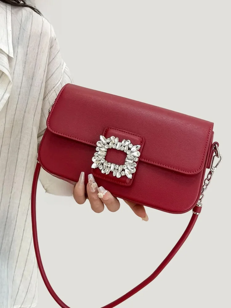 

Red Wine Color Diamond Embellied Leather Underarm Bag 2025 New Sle Commuter Crossbody Handbag Tofu ape Youth Bag