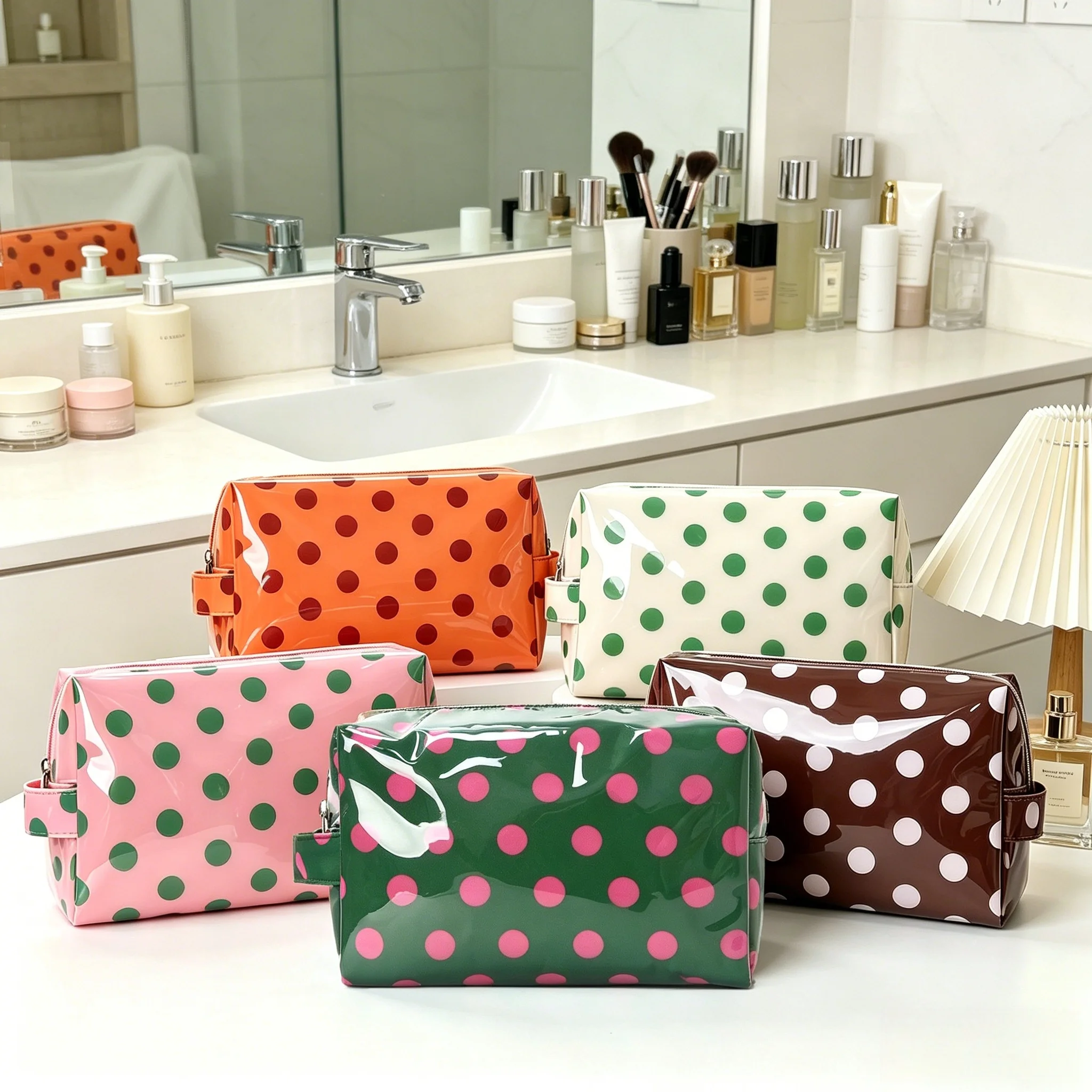 Solid Color Polka Dot Makeup Bag, Durable PVC, Travel Storage Bag, Toiletries Bag, Lightweight and Portable for Daily Commuting