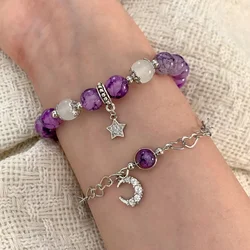 PONYKISS 925 Sterling Silver Purple Crystal Zircon Star Moon Charm Bracelets for Women Cute Fine Jewelry Minimalist Accessories