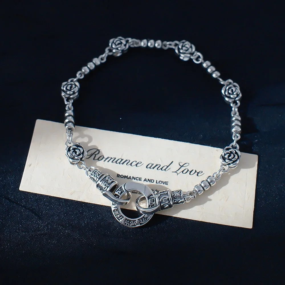 925 Sterling Silver Bracelets for Women Men String Accessories Retro Flower Chain Knot Pattern Pendant Party Jewelry Gift