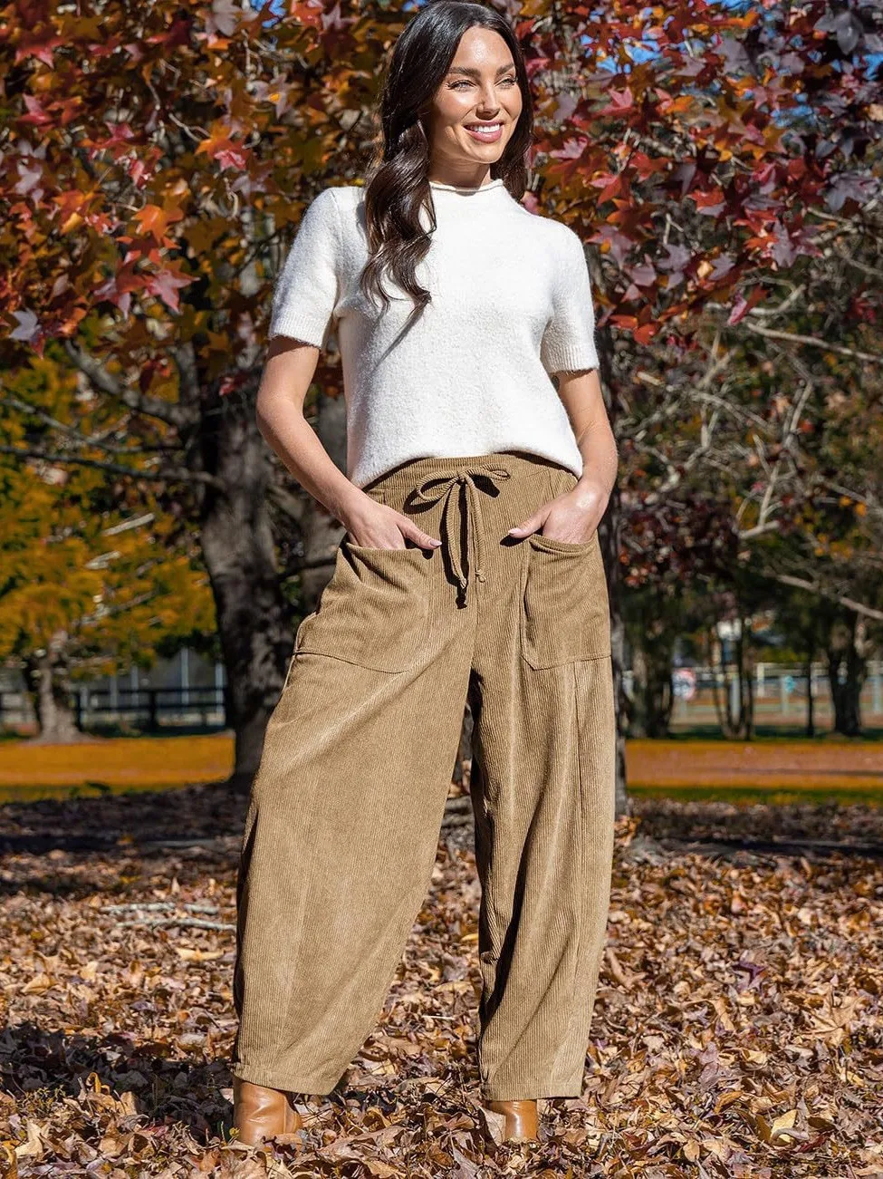 Pantalones de pana de pierna ancha para mujer, con cintura con cordón, de tiro medio, corte relajado, color marrón óxido liso
