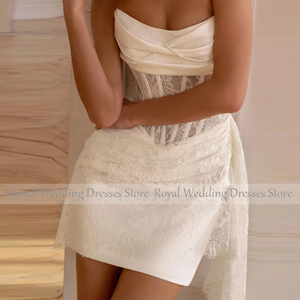 Robe de mariée fourreau ivoire personnalisée, sans bretelles, en dentelle, longueur aux genoux, sans manches, avec traîne