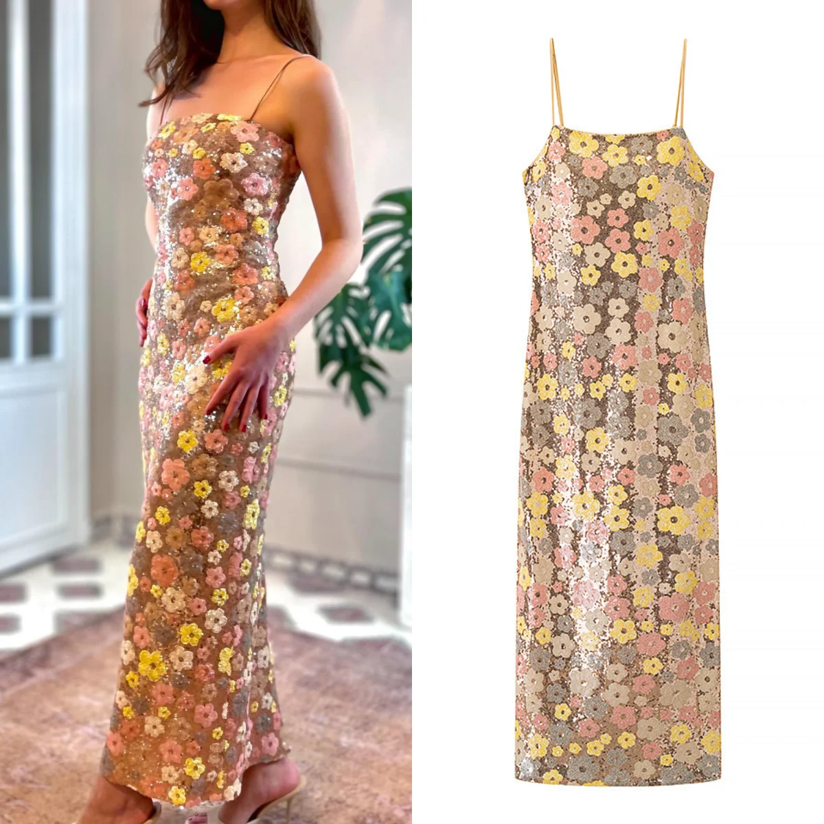 

Chic Sexy Sequin Summer Women Dress 2025 Backless Halter Floral Dress Long Embroidery Women Slim Fit Holiday Party Dress