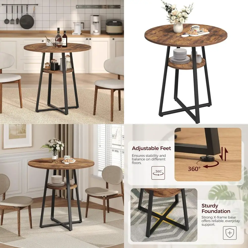 Rustic Farmhouse Dining Table, Round with Storage Shelf, for 2-4 People, Space-Saving Design, Suitable for Kitchen, Dining, Livi