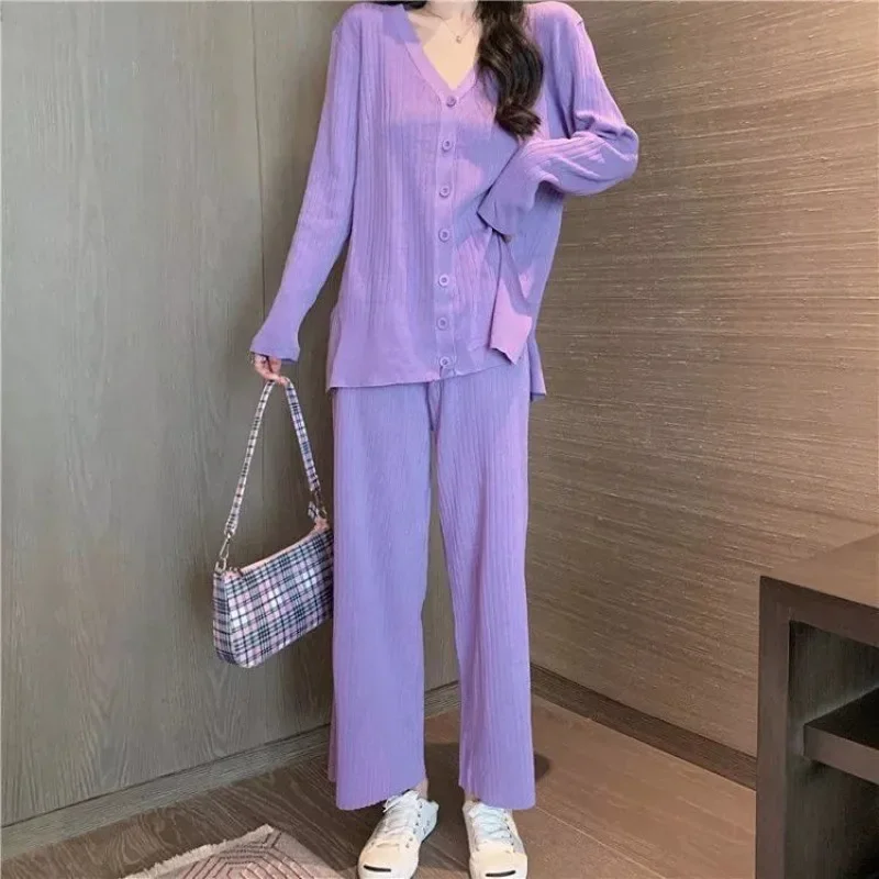 Knitted Suit V-neck Fallow Wide Leg Pants Look Slimmer Two-piece Ms. Loungewear Can Be Worn Outside Spring and Autumn New Style