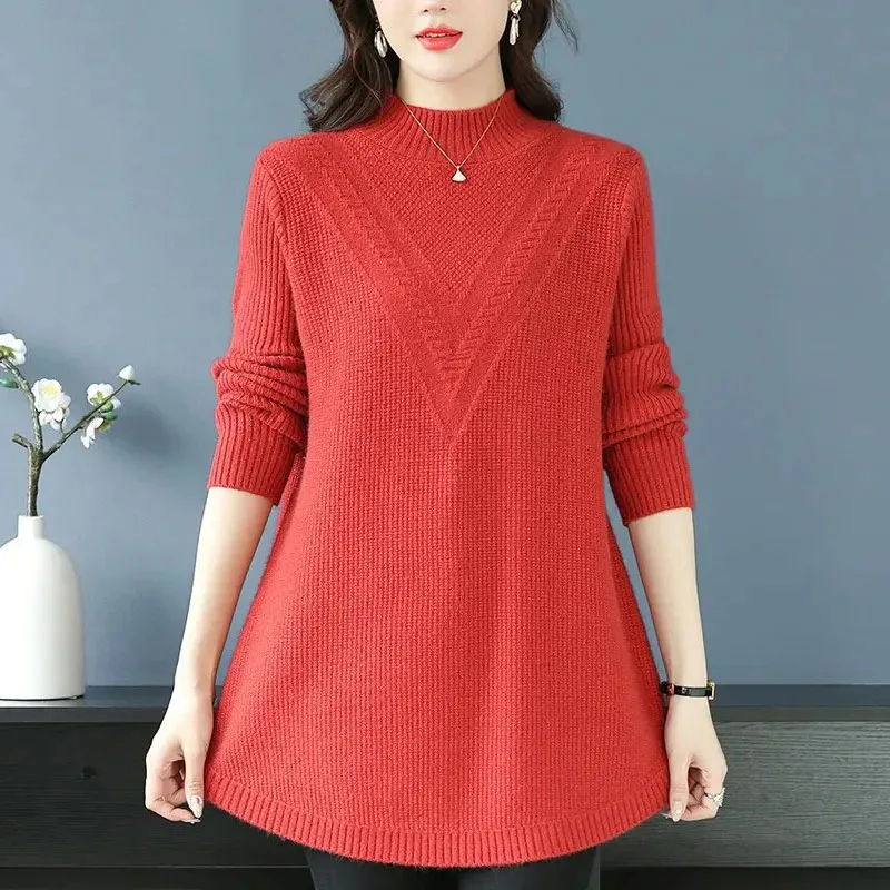 6XL Large Size Women\'s Autumn Winter High End Wool Sweater Loose Solid All-match Knitted Pullovers Korean Mid-Length Jumper Tops