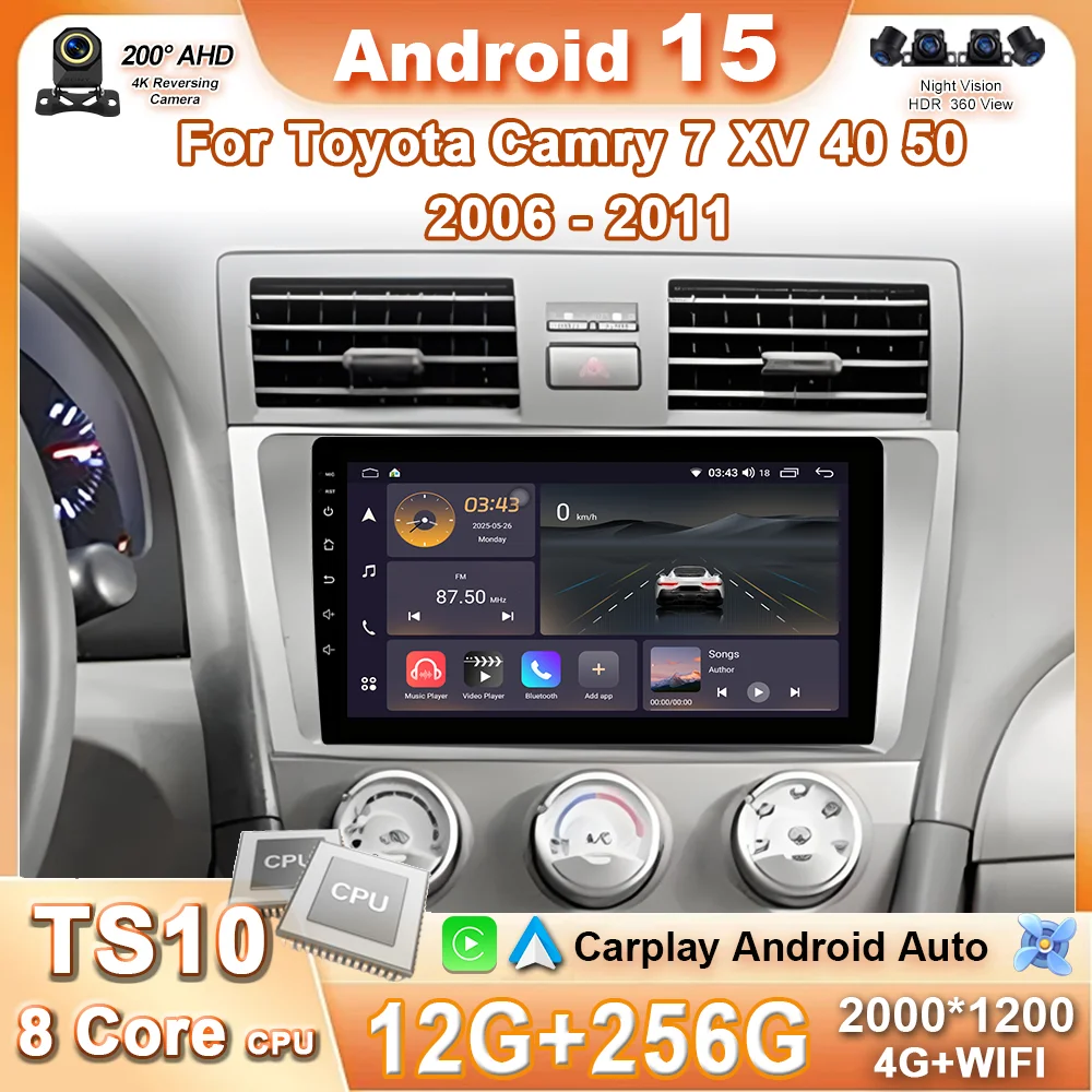 أندرويد 15 راديو السيارة لتويوتا كامري 2007 2008 2009 2010 2011 الملاحة لتحديد المواقع الوسائط المتعددة مشغل فيديو ستيريو Carplay السيارات واي فاي