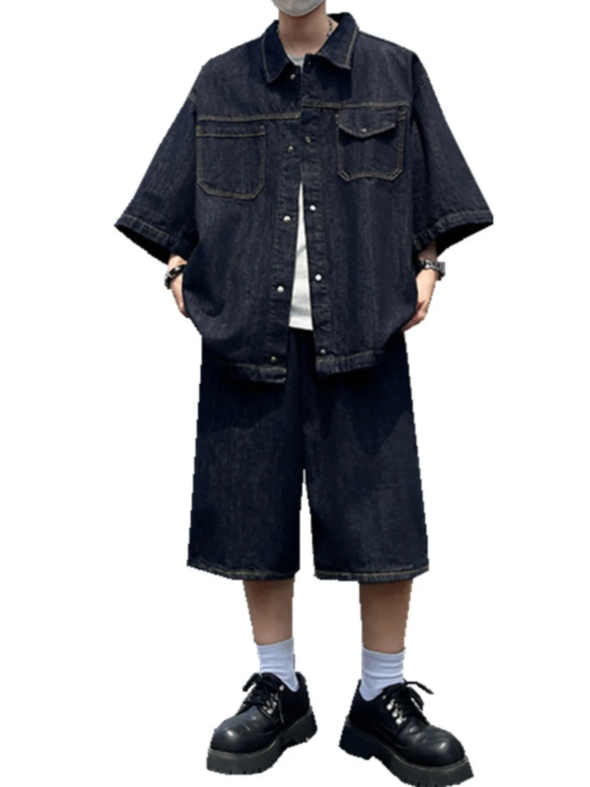 

Свободный крой Denim ort Sve irt And orts Комплект для мужчин Summer Faion Casual High Street Sle Смесь хлопка и полиэстера