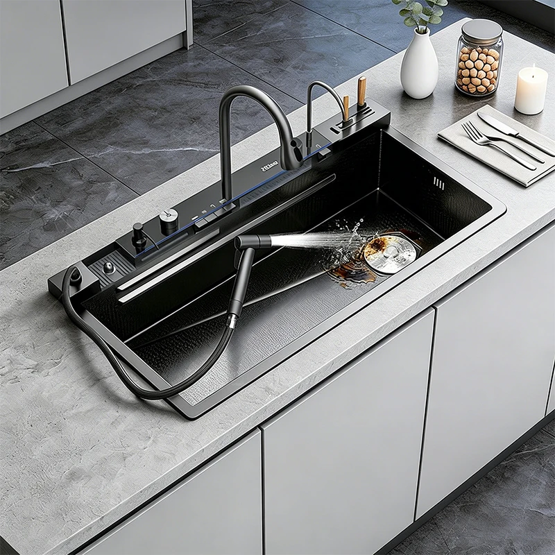 Stainless Steel Waterfall Kitchen Sink 100CM Large Single Bowl Multifunctional Intelligent Digital Display Washing Basin