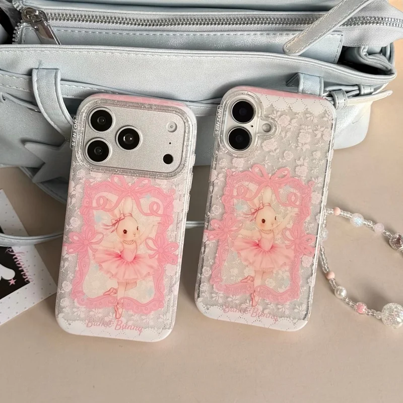 

Kawaii Cartoon Bowknot Dancing Rabbit Phone Cover For iPhone 17 Pro 16 15 14 Pro Max Case with Chain Lovely Protective Cases Fun