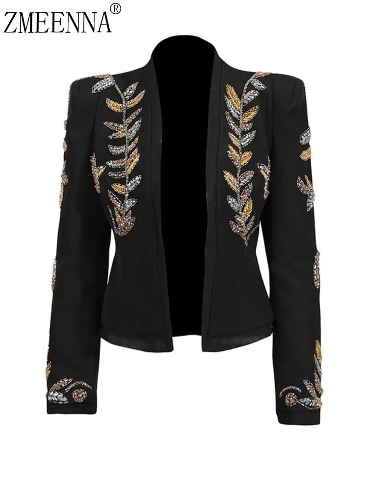 

ZMEENNA женский черный пиджак, роскошный пиджак с золотыми и серебряными листьями, открытая передняя куртка, верхняя одежда для вечеринок ZM3977