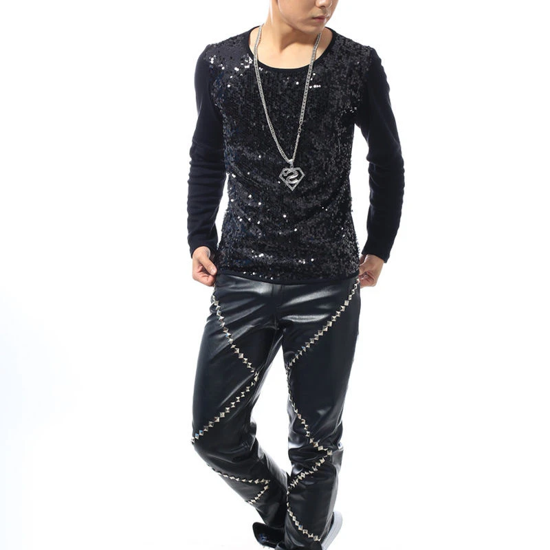 27-37 الكورية المد الرجال الذكور المغني Dj بار الغلاف الجوي رئيس Ds المرحلة ازياء المسامير ضئيلة الرجال بنطال جلدي ازياء بنطلون