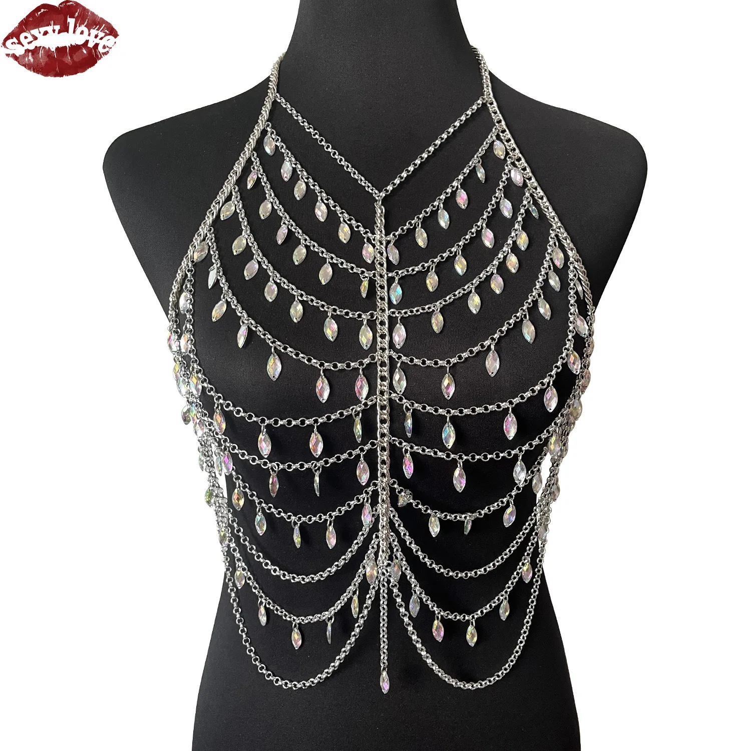 Sexy Love Bdsm Nuova catena per il petto delle donne sexy Catena multistrato Accessorio per il sesso Ciondolo con strass Catena per il corpo delle donne Gadget Erotico