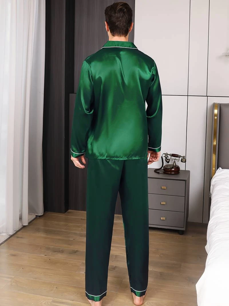 Herren-Pyjama-Set aus Satin, einfarbig, kurzärmelig, Revers-Oberteil und elastische Hose, glatte, glänzende Textur, bequem, entspannt für Loungewear – Detail 15