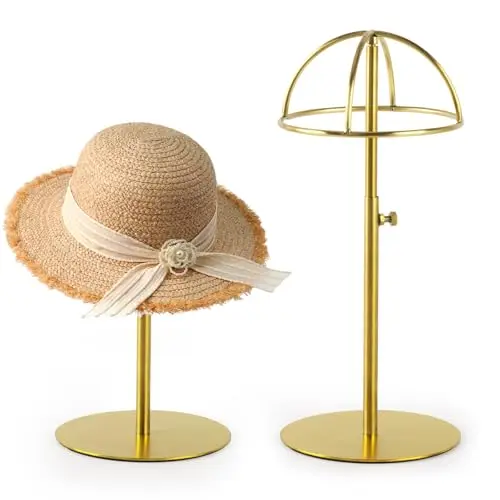 

2-Pack Height-Adjustable Metal Hat Display Stand 22–37cm For Home, Boutique, Retail – Gold-Finished Base