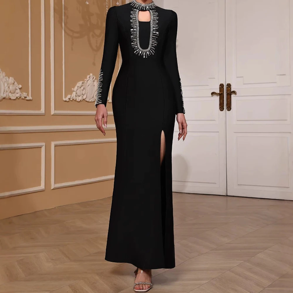 

Black long-sleeved slim-fit evening gown with heavy beading and high slit bandage dinner party dance dress-GZXX774