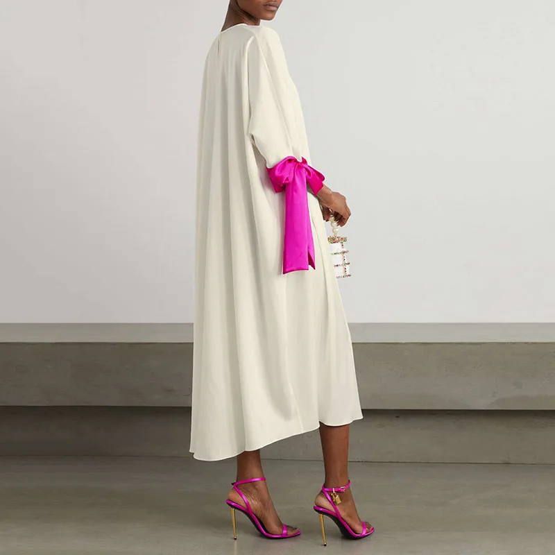 ผู้หญิงใหม่สบายๆOคอชุดยาวElegant Lace Up Contrast Bow 3/4 Sleeve Maxiชุด 2025 ฤดูใบไม้ผลิฤดูร้อนหลวมBoho Party Dres