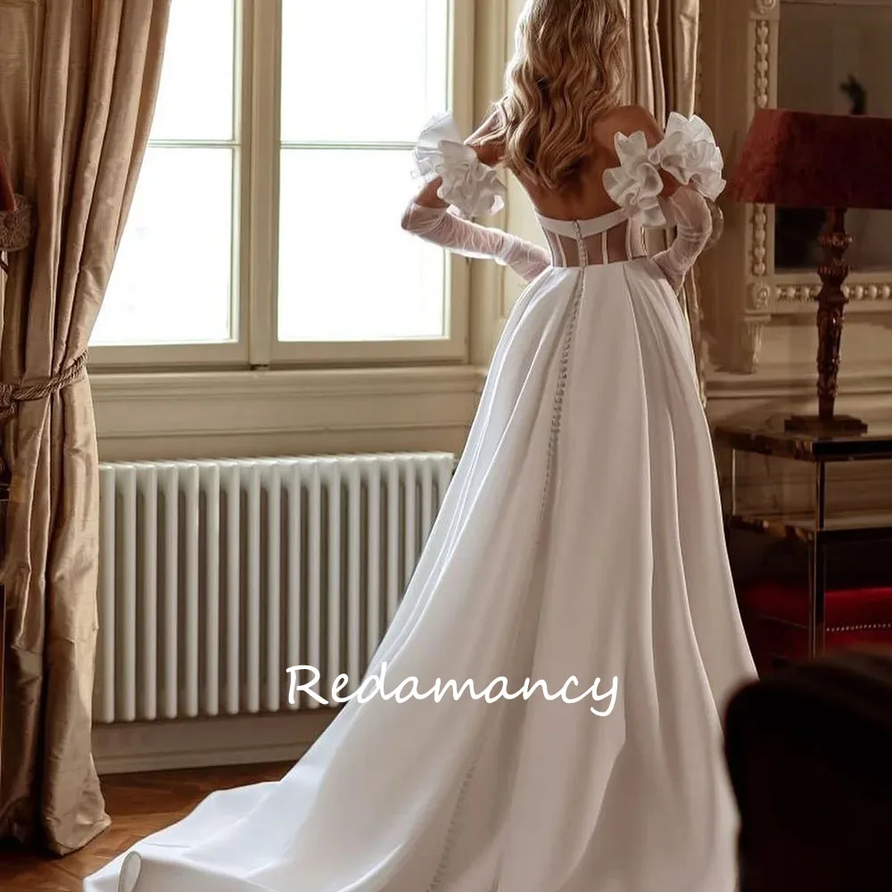 Redamancy Simple Wedding Gowns Sweetheart Detachable Sleeves 2024 A Line Bride Dress Side Split Backless Satin Wedding Dresses