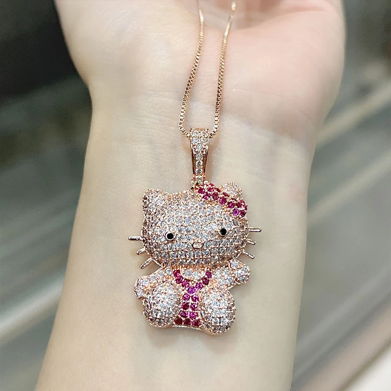 Hello Kitty stile hip-hop carino dolce collana con ciondolo con diamanti pieni di lusso ciondolo gatto cartone animato elegante regalo per ragazze gioielli di moda