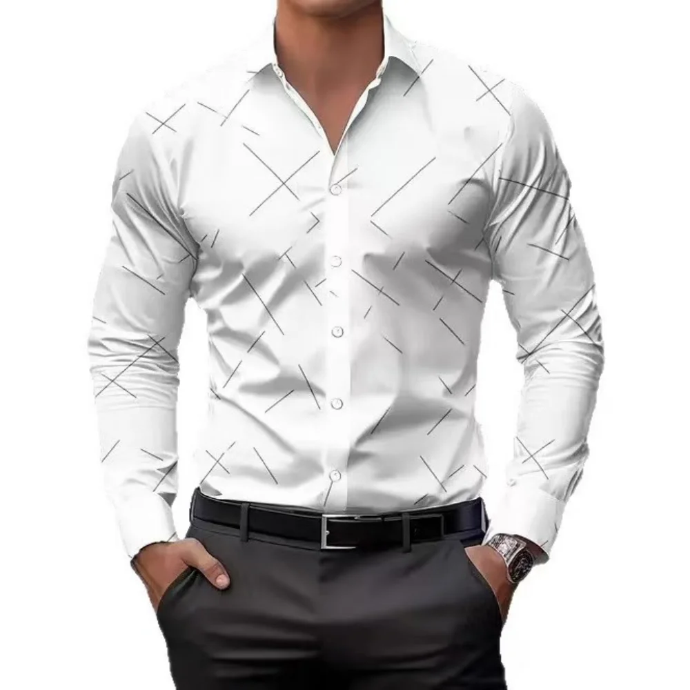 3D Simple Stripe Print Men's Shirt Business Casual Single Breasted Tops Fashion Lapel Long Sleeve Shirts Autumn Street Clothing