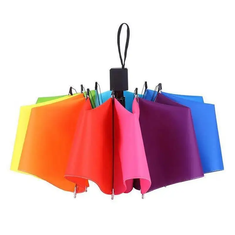 Fashion Rainbow Umbrella Three Fold Umbrella Long Handle Automatic Wind Resistant Folding Straight Umbrella