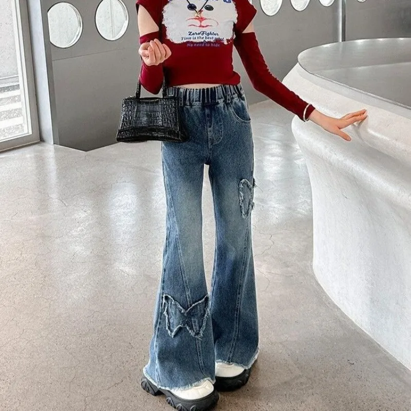 

202, весенне-осенние расклешенные джинсы для девочек, средние и большие детские облегающие стильные повседневные брюки из смеси хлопка