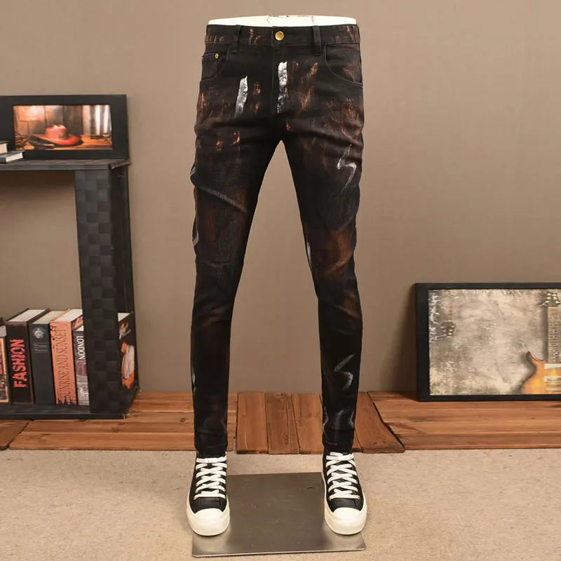 

High Street Designer Модные мужские джинсы Ретро Стрейч Slim Fit Окрашенные рваные джинсы Мужские Y2K Хип-хоп Джинсовые брюки Hombre