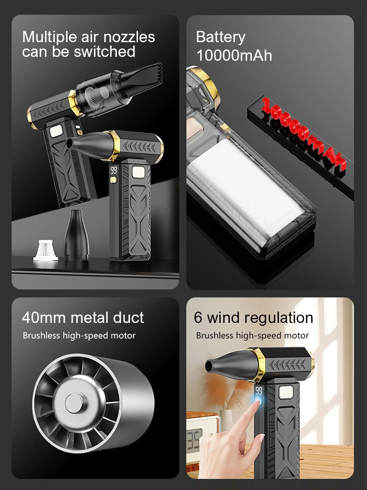

250000RPM Jet Vacuum Fan Strong Brushless Motor Duster Blower with LED Lighting 6-Wind Adjustable Turbo Fan 10000mAh Air Gun