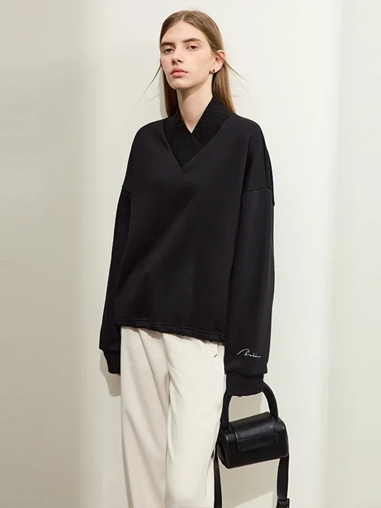 

AMII Minimalist Sweatershirts For Woman 2025 Winter New V-collar Embroidery Drop Sleeve Draw String Loose Casual Tops 12344307