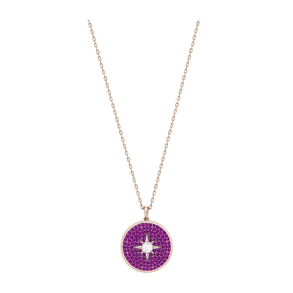 Collar con colgante de disco de estrella de cristal fucsia con pavé en tono oro rosa